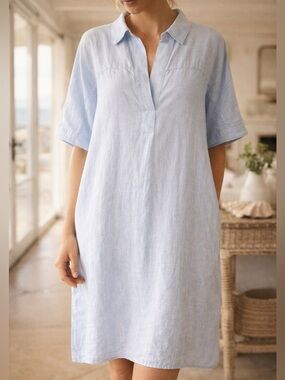 Lord & Taylor Linen Shift Dress Light Blue Relaxed Tunic Size L